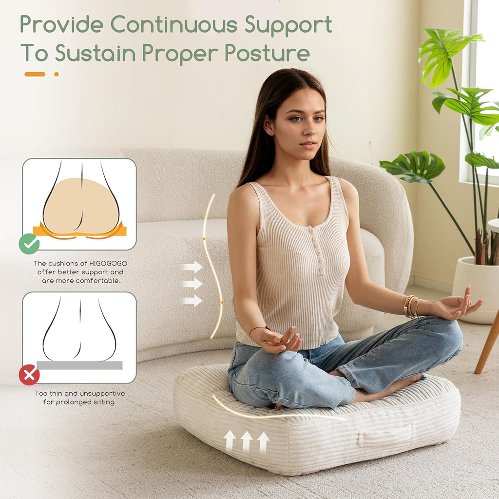 6" Washable Floor Pillow Cushion for Adults, Meditation Cushion Pillow, Large Square Floor Sitting, Removable Tufted Corduroy Cover, for Tatami Living Room or Yoga, 22x22 Inch, 2Pack, Machine Washable