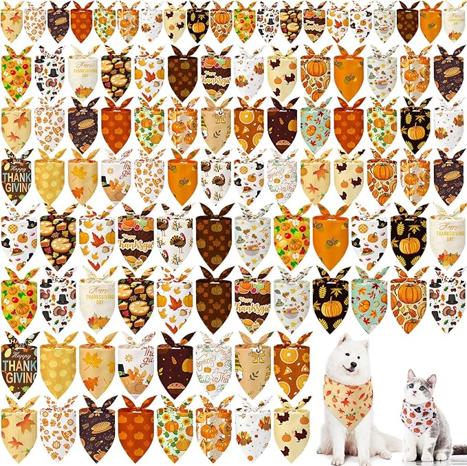 100 Pcs Thanksgiving Fall Dog Bandanas Bulk 3 Sizes Dog Washable Bandana Adjustable Washable Autumn Scarf for Thanksgiving Holiday Small Medium Large Pet Supplies