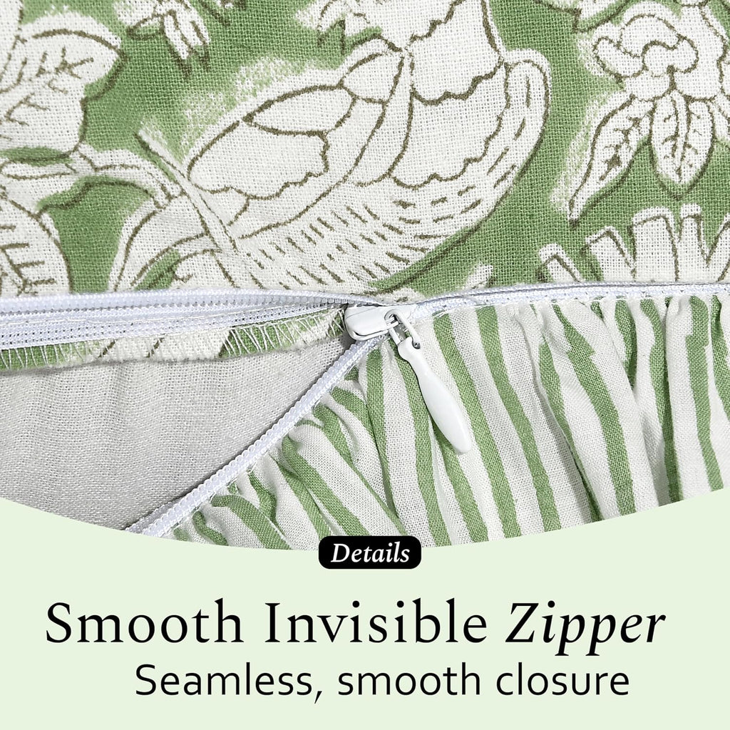 CPC Olive Green 100% Cotton Block Print Ruffle Sham Cover 20X30 inch Pack of 2, Handmade Boho Floral Pillowcase, Soft Decorative Queen Bed Pillow Cover for Bedroom Décor