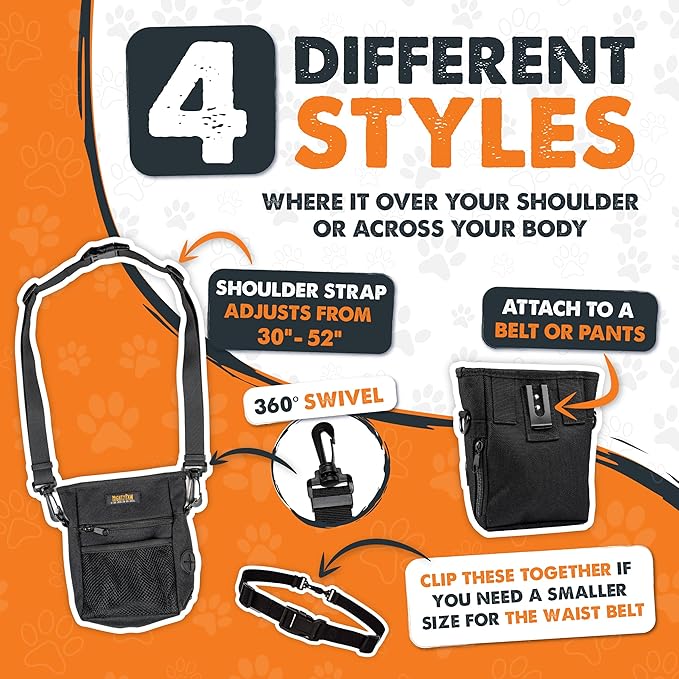 Mighty Paw Dog Treat Pouch | No Spill Magenetic Clasp - Hands-Free Pouches for Training - Pets Training Treat Pouches for Dog Walks - Pet Bags Pouch - Built in Poop Bag Holder - Black