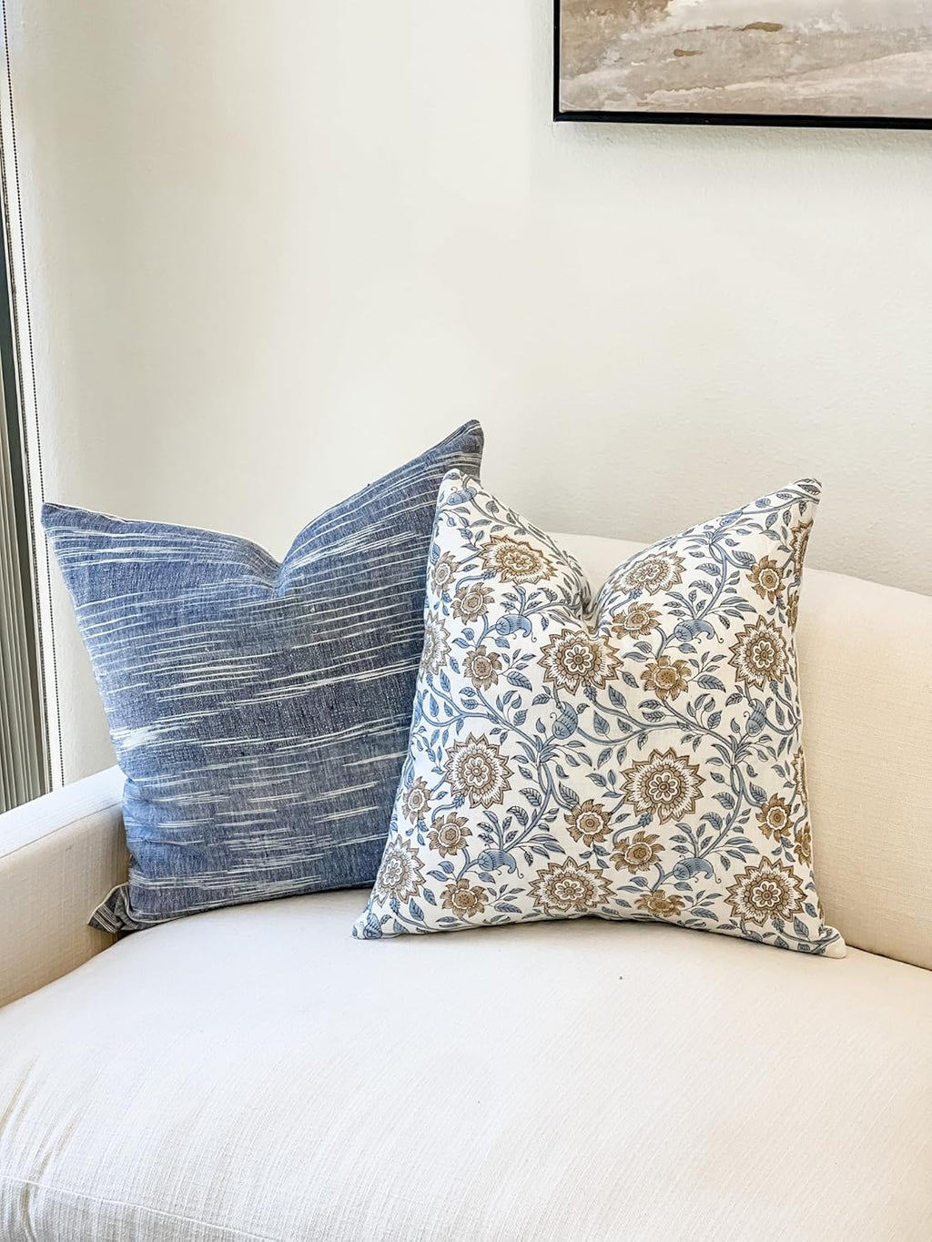 Designer Floral Print on Off White Linen Pillow Cover, Blue and Beige Pillow, Boho Décor Pillow, Decorative Throw Pillow Covers, Neutral Decor (Light Blue, 18x18)