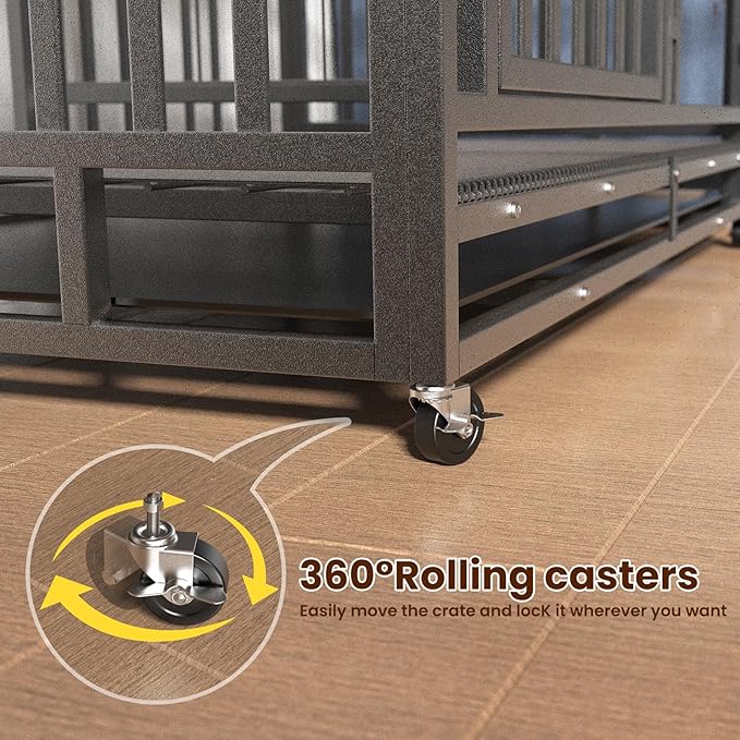 48 Inch Heavy Duty Indestructible Double Dog Crate Steel Escape Proof,Indoor Three Doors Cage,Kennel with Wheels,Removable Tray and Baffle