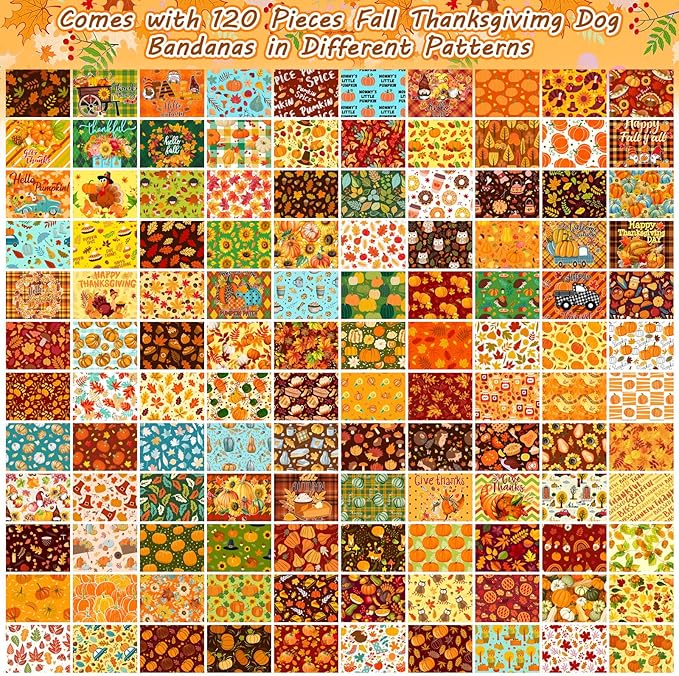 120 Pcs Fall Dog Bandanas Bulk Adjustable Dog Scarves Pumpkin Puppy Bandanas Autumn Pet Neckerchief Washable Holiday Fall Bandana for Small Medium Large Dog Pet Grooming Accessories