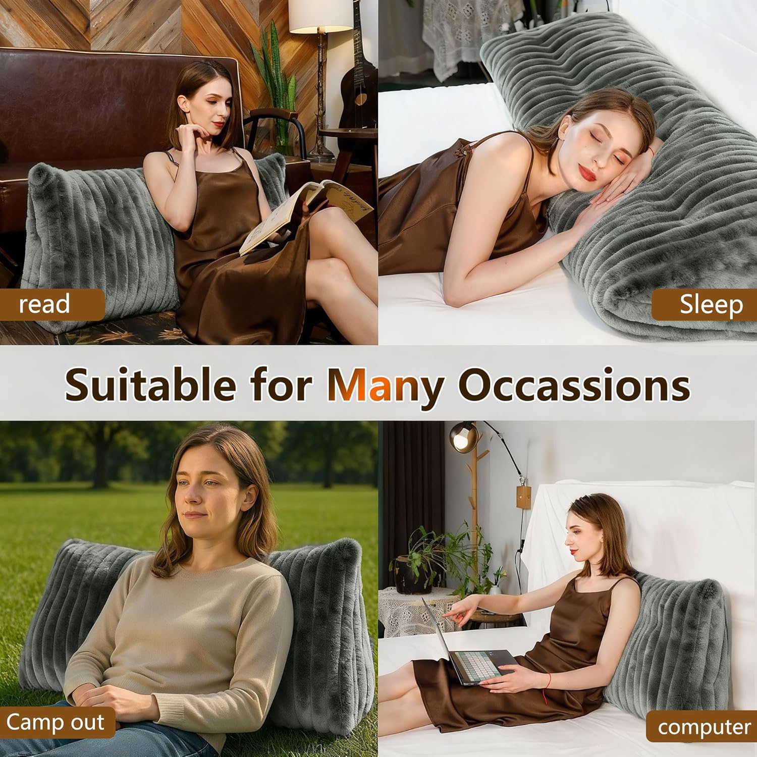 Faux Fur Headboard Pillow King Size, Triangular Wedge Backrest with Removable Head Roll & Side Pocket, Reading Pillow for Bed, Couch, Floor - Ergonomic Support for Neck, Back, Dark Grey