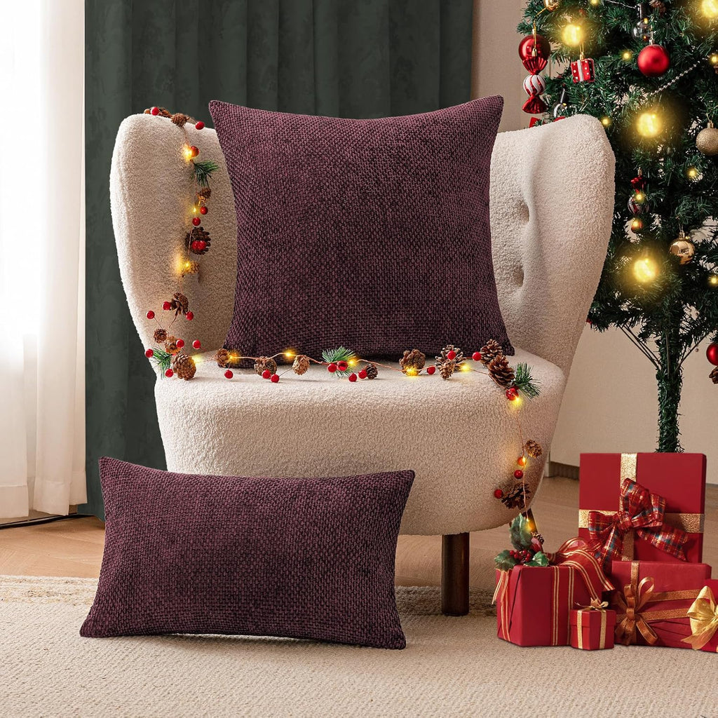 a moment Christmas Wine Red Chenille Throw Pillow Covers 18x18 Inch Pack of 2 Modern Decorative Throw Pillow Covers Farmhouse Cross Covers Home Decor for Sofa Bedroom Living Room