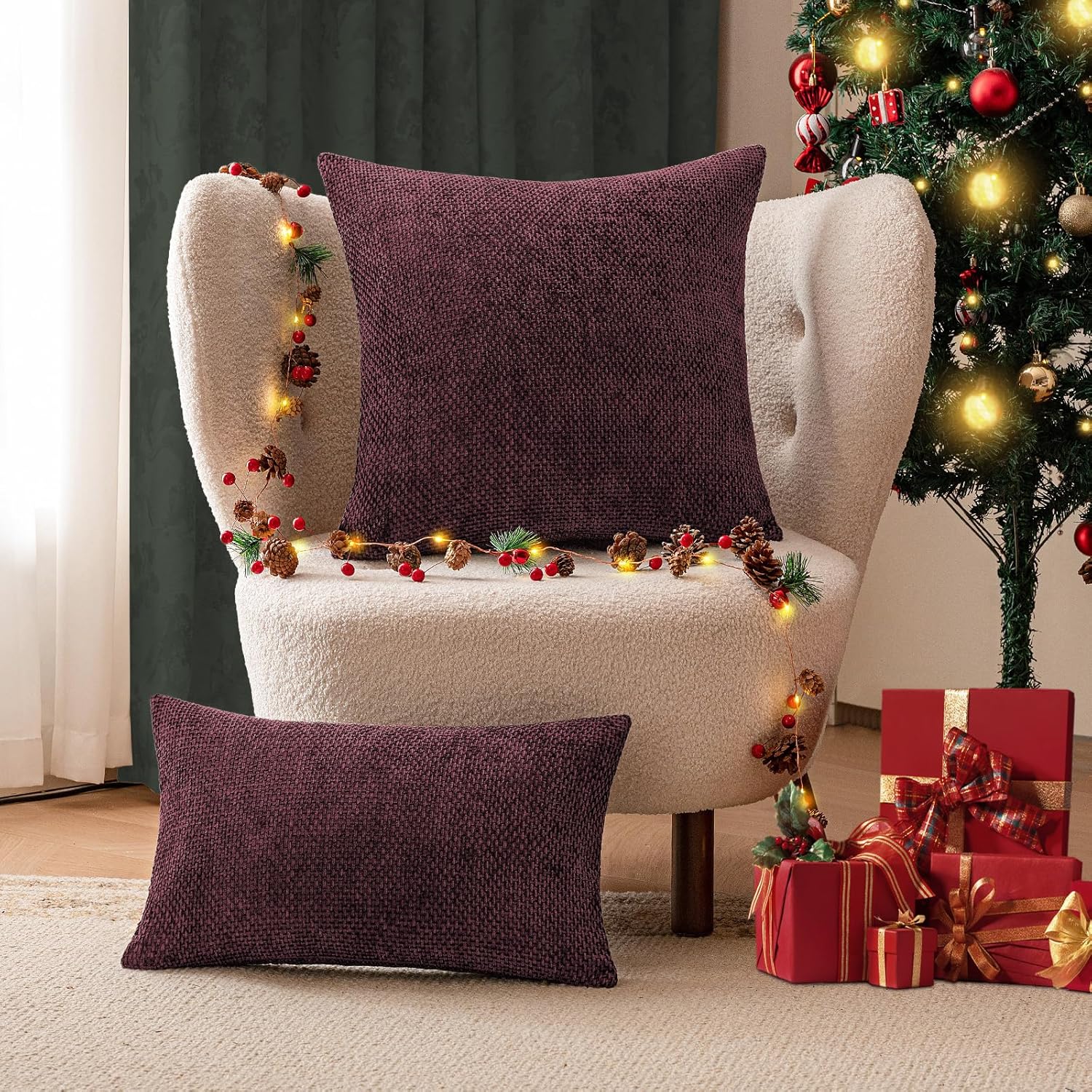 a moment Christmas Wine Red Chenille Throw Pillow Covers 20x20 Inch Pack of 2 Modern Decorative Throw Pillow Covers Farmhouse Cross Covers Home Decor for Sofa Bedroom Living Room