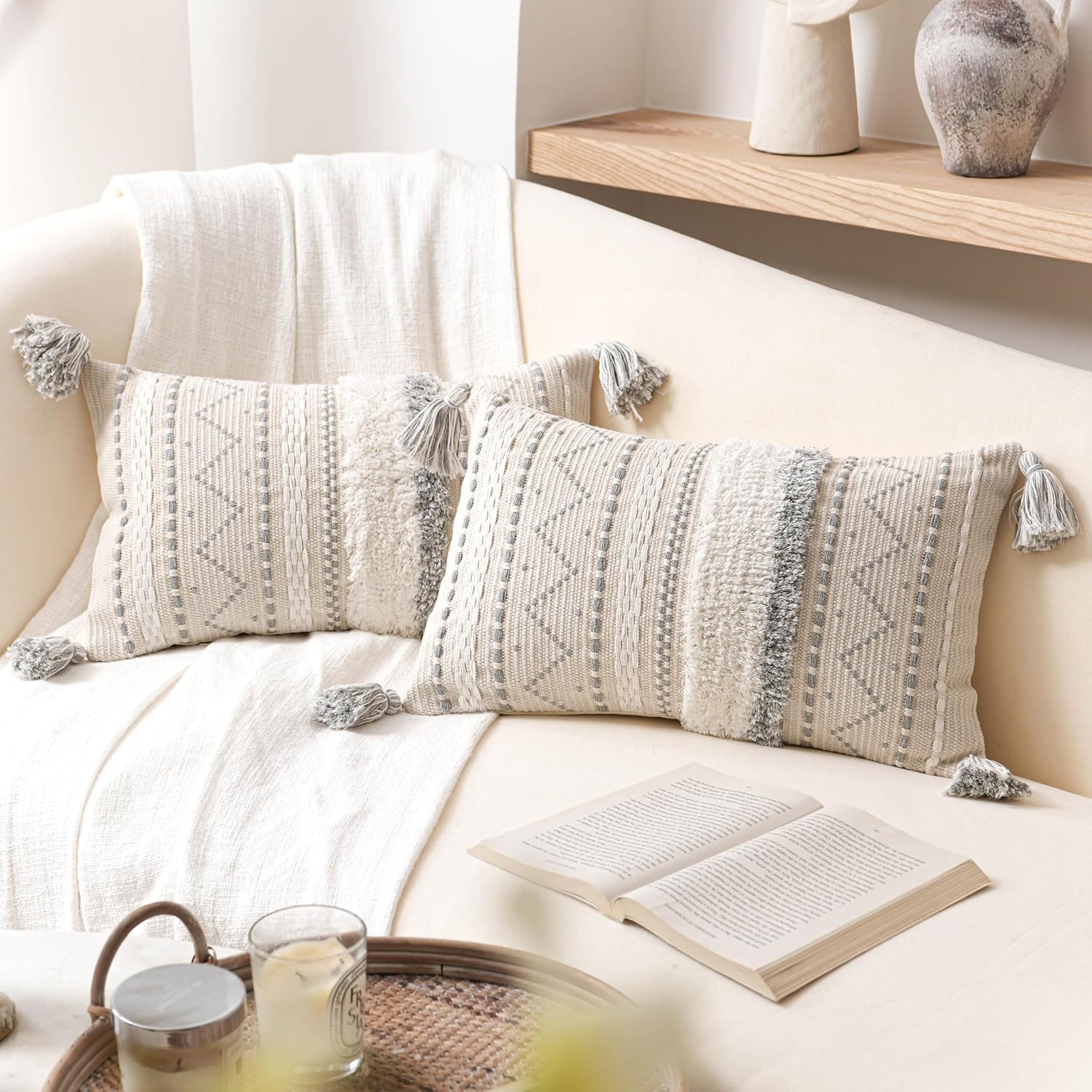 BlissBlush Decorative Lumbar Throw Pillow Cover 12x20 Combo Set of 2 Gray Rectangular Boho Accent Pillowcase Neutral Grey Farmhouse Cushion for Couch Sofa Bedroom Living Home Décor Cover ONLY