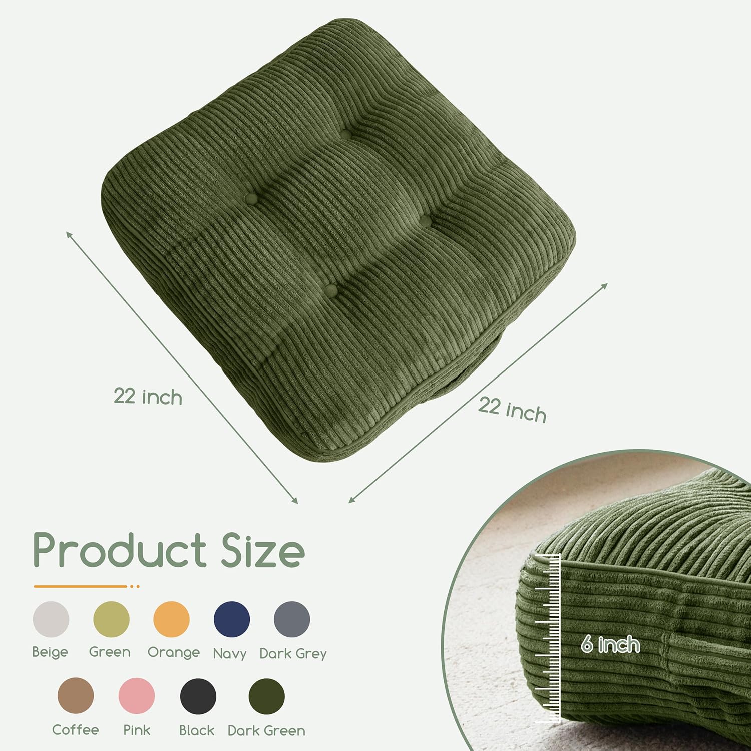6" Washable Floor Pillow Cushion for Adults, Meditation Cushion Pillow, Large Square Floor Sitting, Removable Tufted Corduroy Cover, for Tatami Living Room or Yoga, 22x22 Inch, Machine Washable