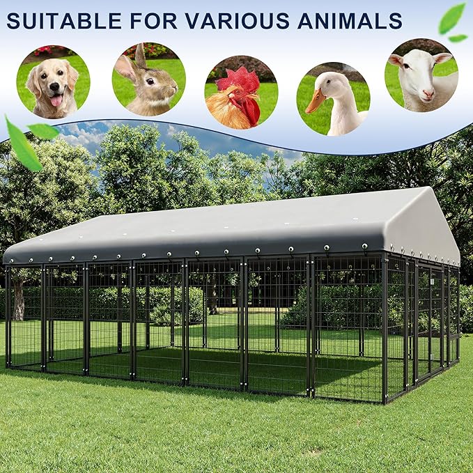 10X20FT Dog Kennel Outside Double Door Dog Kennel Outdoor with Feeding, Heavy Duty Outdoor Dog Crate Durable Dog Cage with Roof & Double Lock
