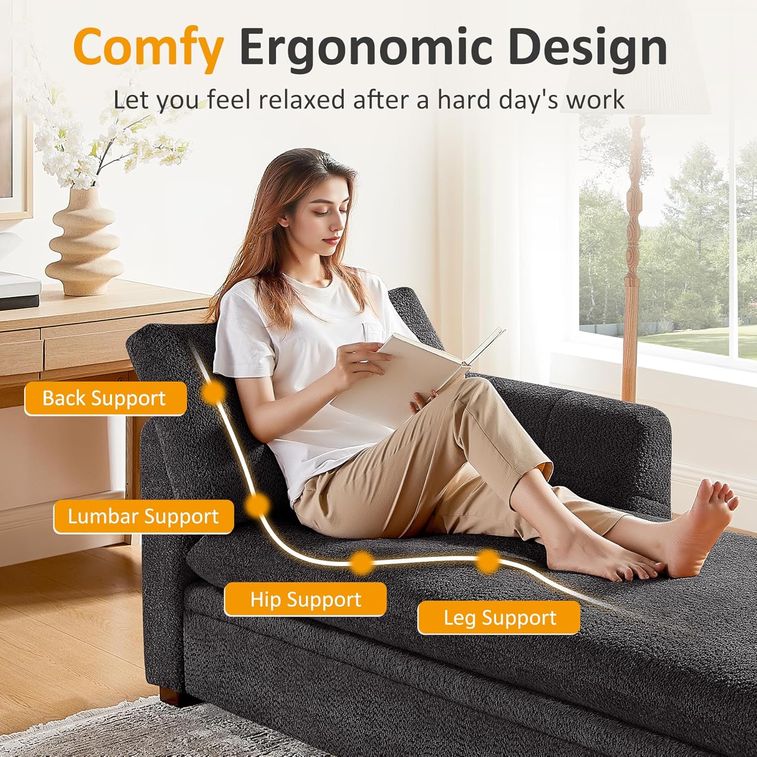 VANOMi Oversized 70.47'' Chaise Lounge Chair Indoor with Storage Space, Modern Upholstered Sofa Bed with Thick Cushion & Left Armrest, Boucle Leisure Recliner for Living Room, Bedroom, Dark Gray