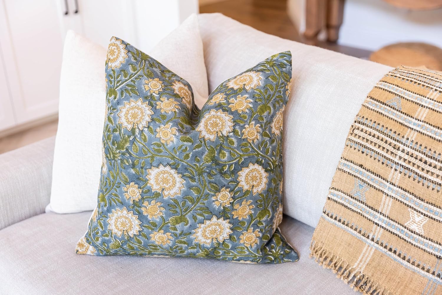 Designer Floral on Natural Linen Pillow Cover | Blue Green and Mustard Pillow Cover | Boho Décor Pillow Cover | Decorative Throw Pillow Covers (Blue Green & Mustard, 10x14)