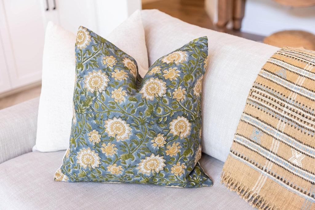 Designer Floral on Natural Linen Pillow Cover | Blue Green and Mustard Pillow Cover | Boho Décor Pillow Cover | Decorative Throw Pillow Covers (Blue Green & Mustard, 14x24)