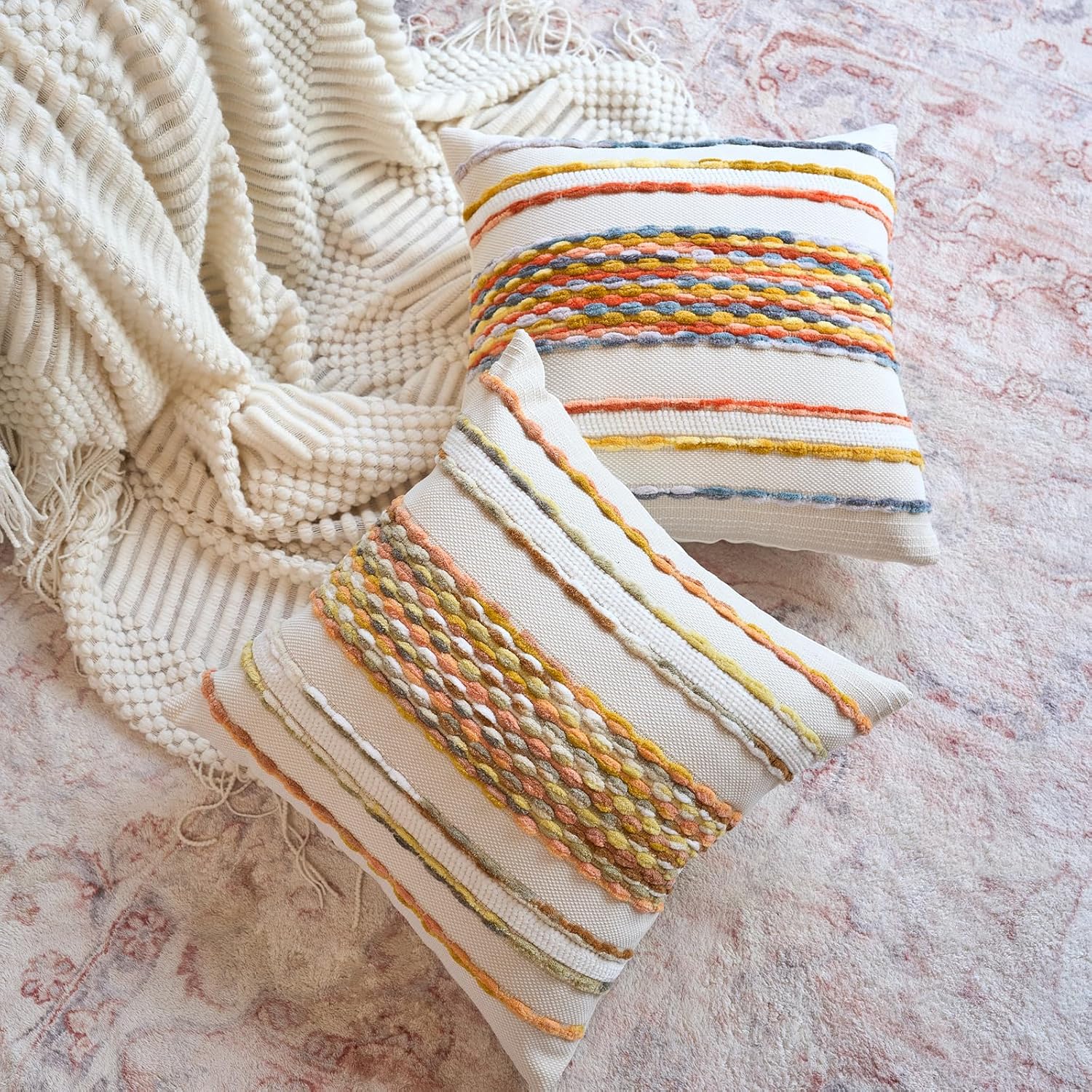 Aeckself Boho Pillow Covers 18x18 Inch Set of 2, Farmhouse Decorative Striped Square Chenille Tufted Accent Neutral Throw Pillow Covers for Living Room Couch Bed, Light Yellow