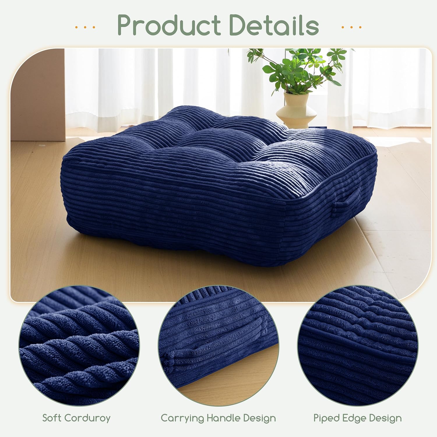6" Washable Floor Pillow Cushion for Adults, Meditation Cushion Pillow, Large Square Floor Sitting, Removable Tufted Corduroy Cover, for Tatami Living Room or Yoga, 22x22 Inch, 2Pack, Machine Washable