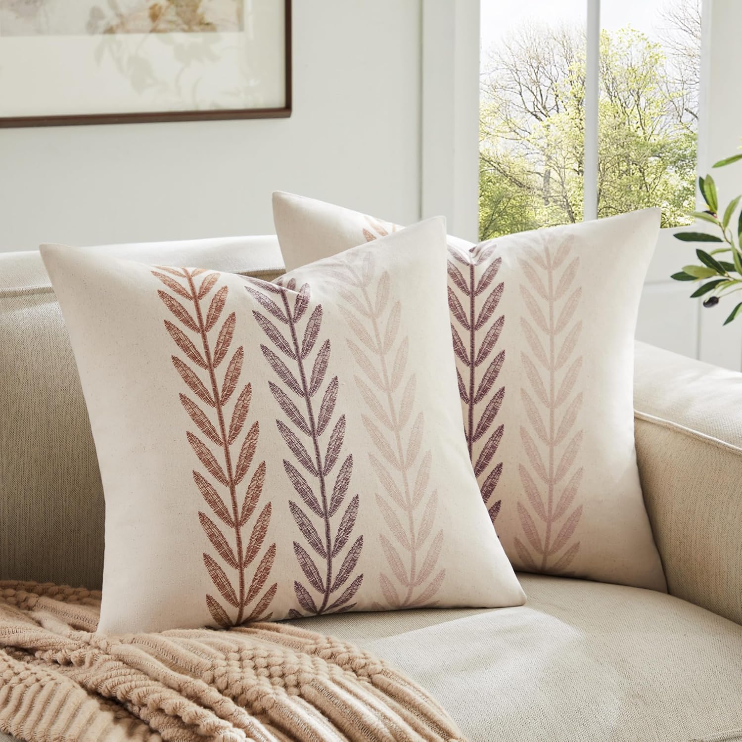 100% Cotton Farmhouse Leaves Throw Pillow Covers Set of 2, 22x22 Inch Mixed Brown Pastoral Decorative Print Cushion Covers for Sofa Bed Living Room Home Decor