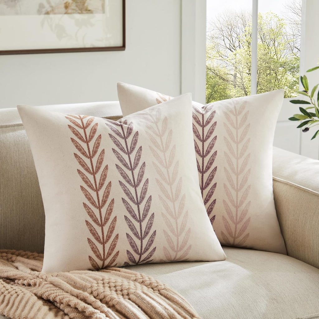100% Cotton Farmhouse Leaves Throw Pillow Covers Set of 2, 18x18 Inch Mixed Brown Pastoral Decorative Print Cushion Covers for Sofa Bed Living Room Home Decor