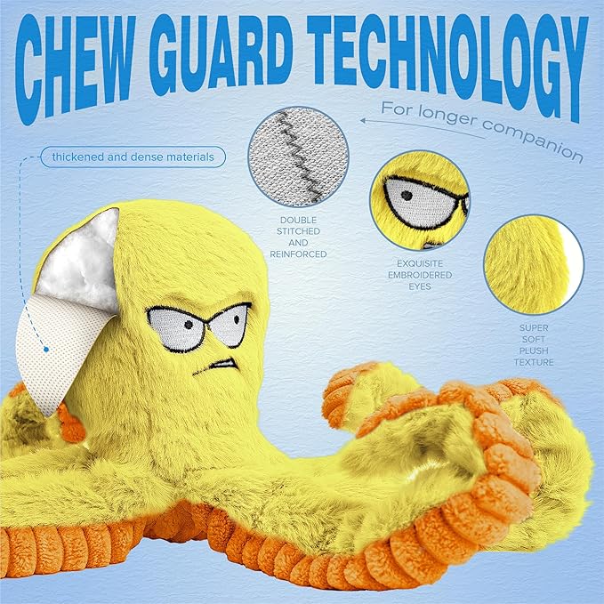LEGEND SANDY Tough Dog Toys, Stuffed Chew Large Dog Toys to Keep Them Busy, Interactive Squeaky Tug of War Doggie Toy, Crinkle Yellow Octopus