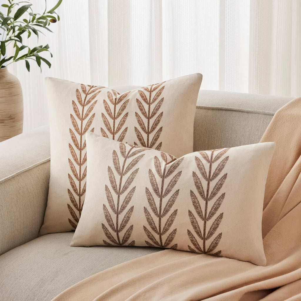 100% Cotton Farmhouse Leaves Throw Pillow Covers Set of 2, 22x22 Inch Caramel Pastoral Decorative Print Cushion Covers for Sofa Bed Living Room Home Decor
