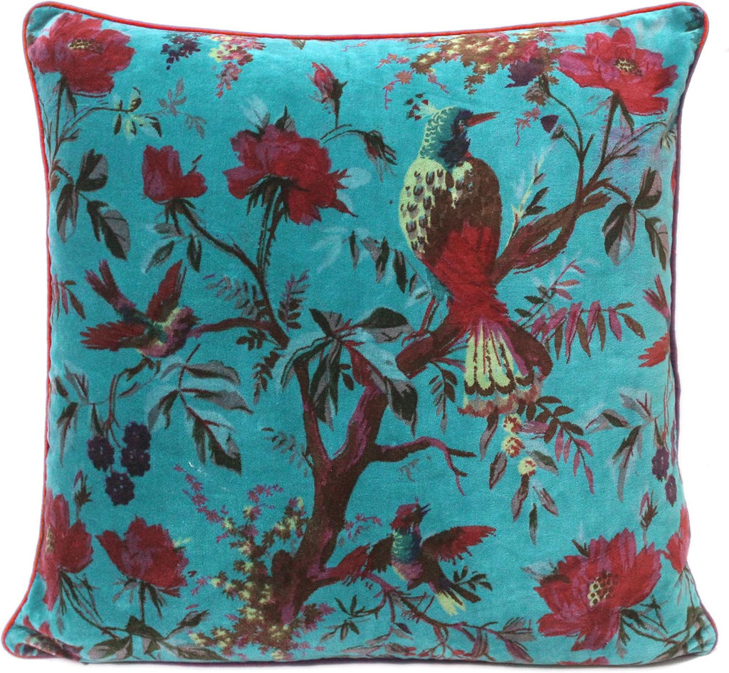 Eyes of India Velvet Floral Flower Bird Throw Pillow Sofa Cushion Cover Case Couch Colorful Boho Chic Bohemian Accent Indian Handmade (Teal, 24" x 24")