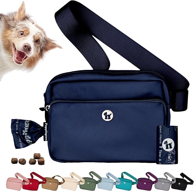 Puppington 3-in-1 Crossbody Dog Walking Bag & Treat Pouch with Matching Planet Safe Poop Bags & Built-In Dispenser - Zippered Pockets (Navy Blue)