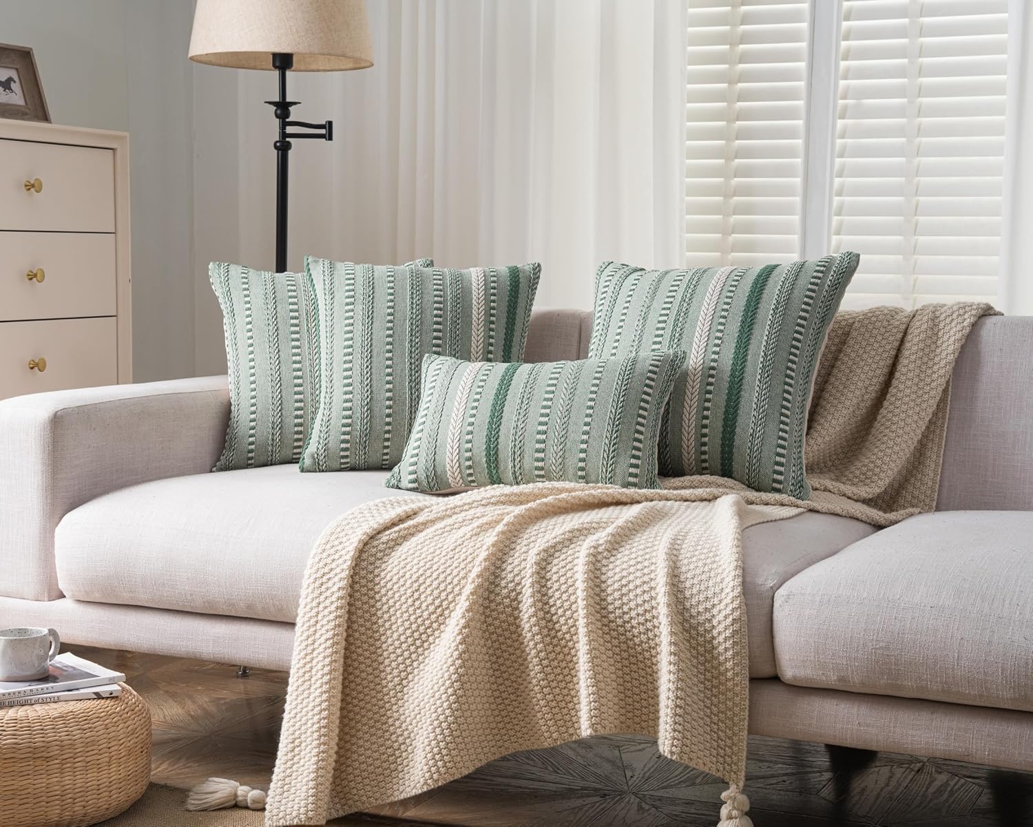 Boho Throw Pillow Covers 22x22 Inch Set of 2, Farmhouse Decorative Couch Pillow Cases, Light Green Accent Pillows of Bed, Sofa Bedroom Living Room Home Decor Cushion Cover