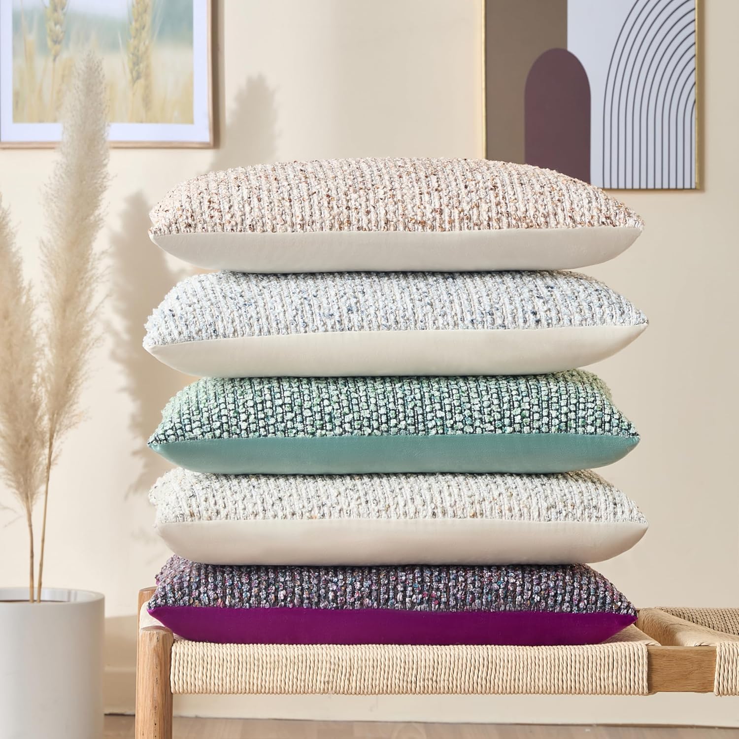 Decorative Couch Throw Pillow Covers 18x18 Set of 2 Green Striped Soft Wool Pillow Covers Neutral Textured Boho Cushion Covers for Modern Farmhouse Sofa Bedroom Living Room Decor SY012-D18