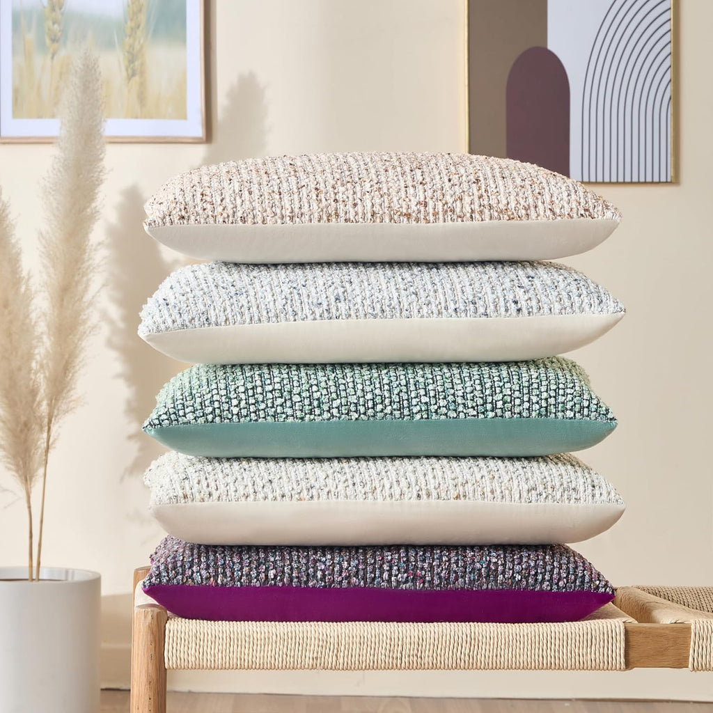 Decorative Couch Throw Pillow Covers 18x18 Beige Striped Soft Wool Pillow Covers Neutral Textured Boho Cushion Covers for Modern Farmhouse Sofa Bedroom Living Room Decor SY011-A18