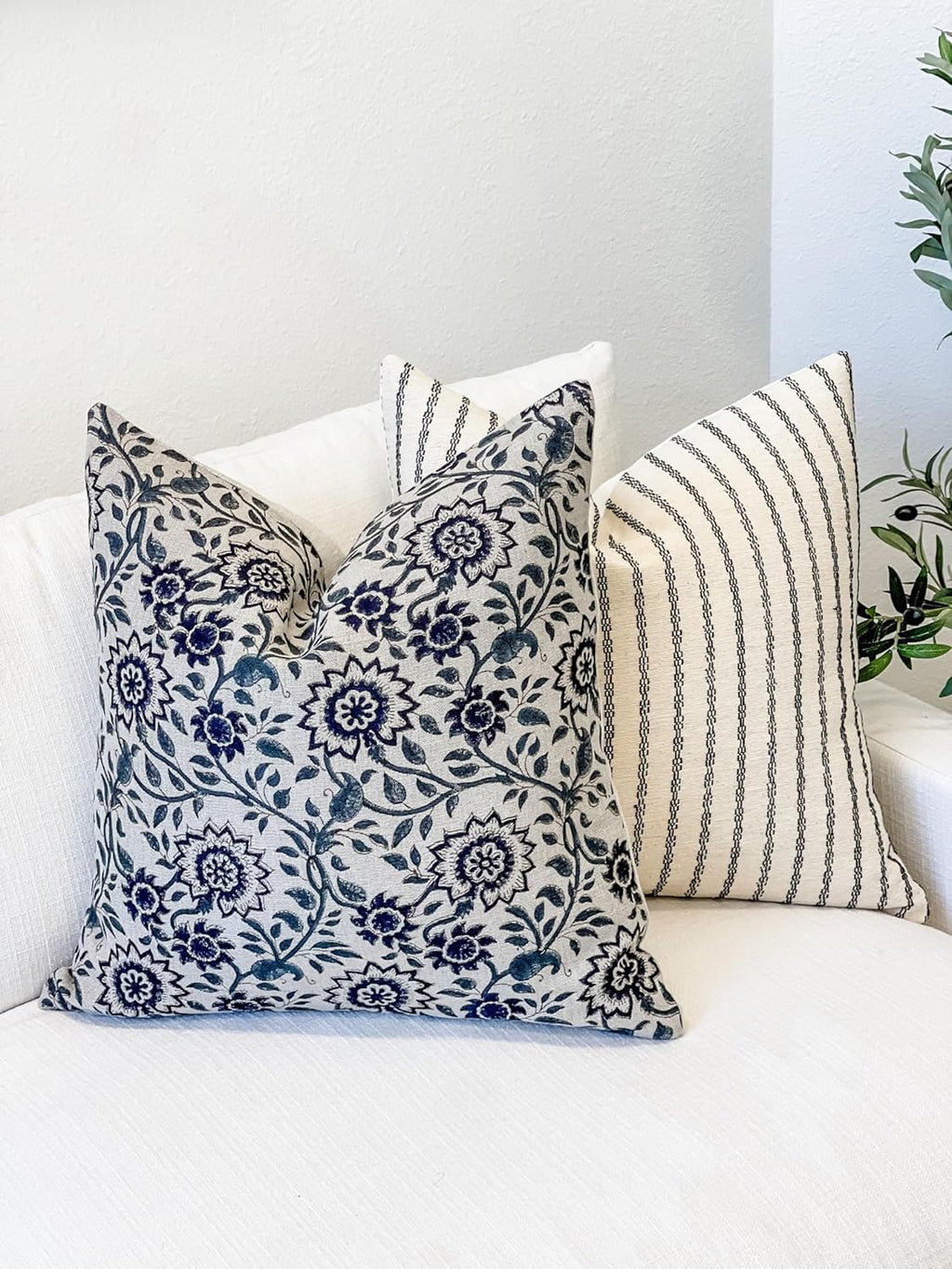 Designer Floral Print on Natural Linen Pillow Cover, Blue Pillow, Boho Pillow Cover, Decorative Throw Pillow, Navy Blue Pillow Cover, Dark Blue Pillow Cover (Navy Blue, 12x18)