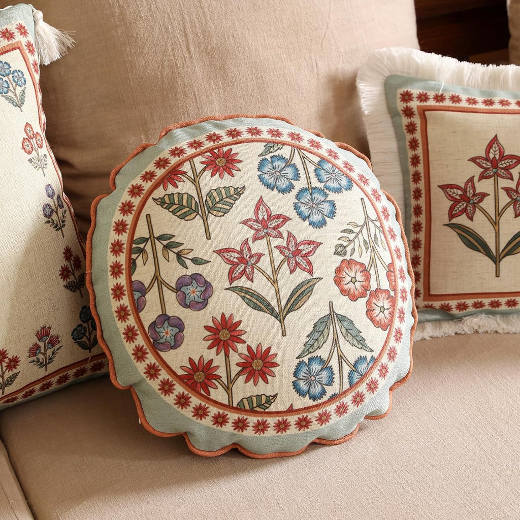 Round Throw Pillow Covers,Cottage Rustic Farmhouse with Wild Flowers Pattern Linen Pillowcases,Decorative Pillows Cushion Cover for Couch Sofa Bed Chair Car,Diameter 16"