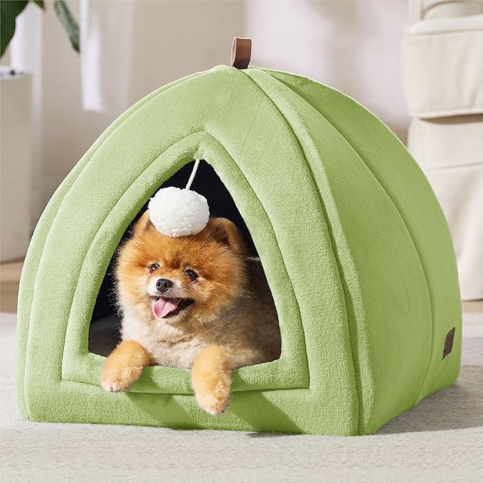 Bedsure Cat Beds for Indoor - 2 in 1 Cat Cave House Tent for Kittens and Small Pets with Removable Washable Cushioned Pillow, Foldable Kitten Hideaway with Non-Slip Bottom, Green, 17.3 inches