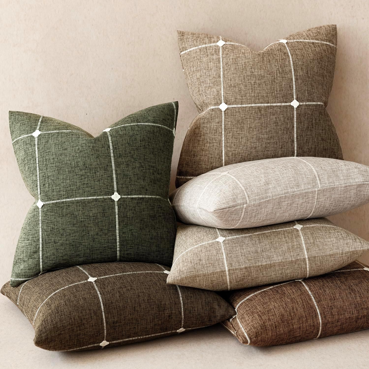 Foindtower Pack of 2 Decorative Faux Linen Jacquard Check Throw Pillow Covers Farmhouse Cushion Cover with Grid Textured Accent Pillowcase for Couch Sofa Living Room Home Decor,18×18 Inch,Olive Green