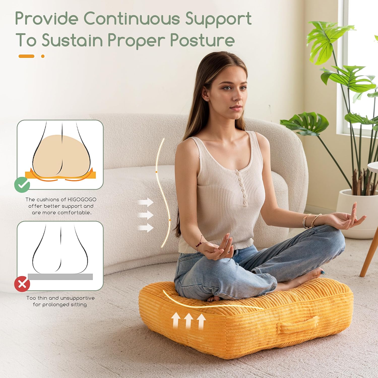 6" Washable Floor Pillow Cushion for Adults, Meditation Cushion Pillow, Large Square Floor Sitting, Removable Tufted Corduroy Cover, for Tatami Living Room or Yoga, 22x22 Inch, Machine Washable