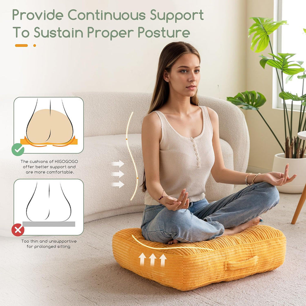 6" Washable Floor Pillow Cushion for Adults, Meditation Cushion Pillow, Large Square Floor Sitting, Removable Tufted Corduroy Cover, for Tatami Living Room or Yoga, 22x22 Inch, 2Pack, Machine Washable