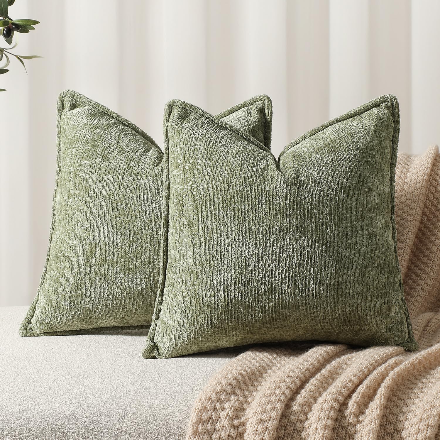 Pack of 2 Sage Green Christmas Decorative Throw Pillow Covers 18x18 Cozy Soft Chenille Accent Vintage Square Couch Pillow Covers for Home Decor Bed Sofa Living Room