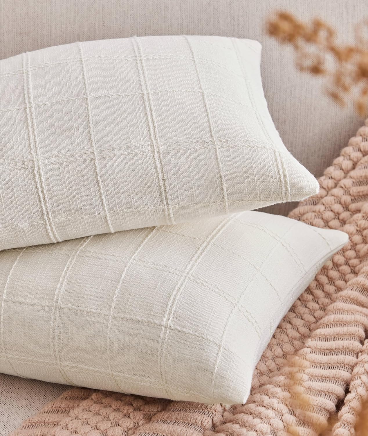 ZeeMart Linen Checked Lumbar Throw Pillow Covers Set of 2, 12x20 Inch Allover Grid Ivory, Farmhouse Decorative Double Sided Grid Embroidered Couch Pillow Cases Off White Cotton Linen Cushion Covers