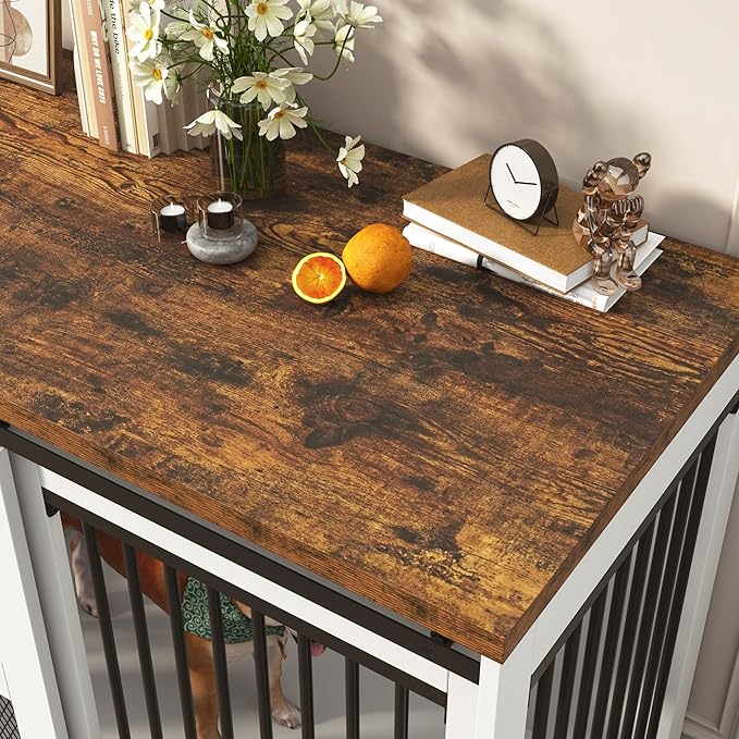 87In Farmhouse Dog Crate TV Stand, Wooden Dog Kennel Furniture with Sliding Metal Mesh Barn Door, Large Dog Crate Furniture for 2 Dogs, Solid Metal Tube & 2 Lockable Doors, White & Brown