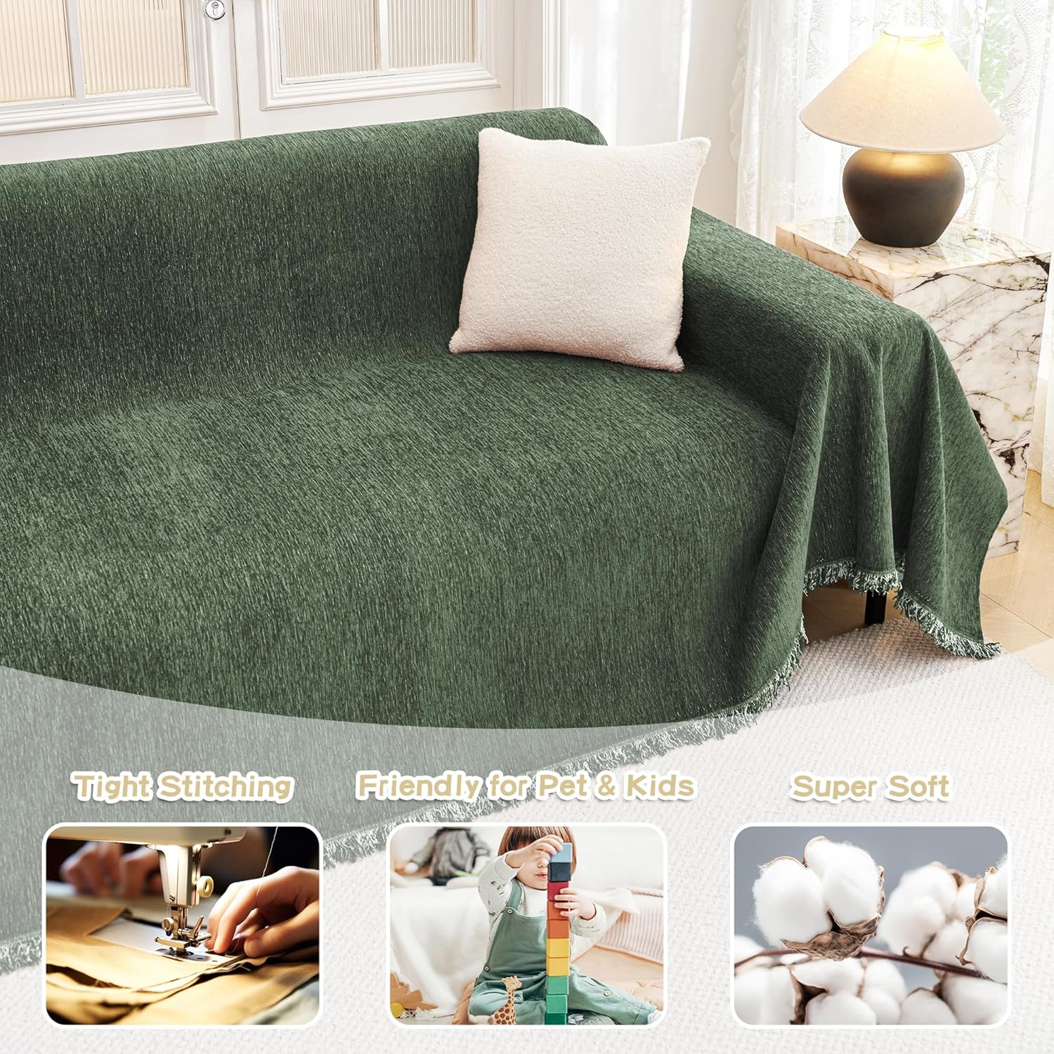 MYSKY HOME Couch Cover Sofa Covers Couch Covers for 3 Cushion Couch Sofa Pet Friendly, L Shaped Couch Cover Sectional Couch Covers Non Slip Dogs Furniture Protector for Kid, Dog, 91"x134", Moss Green