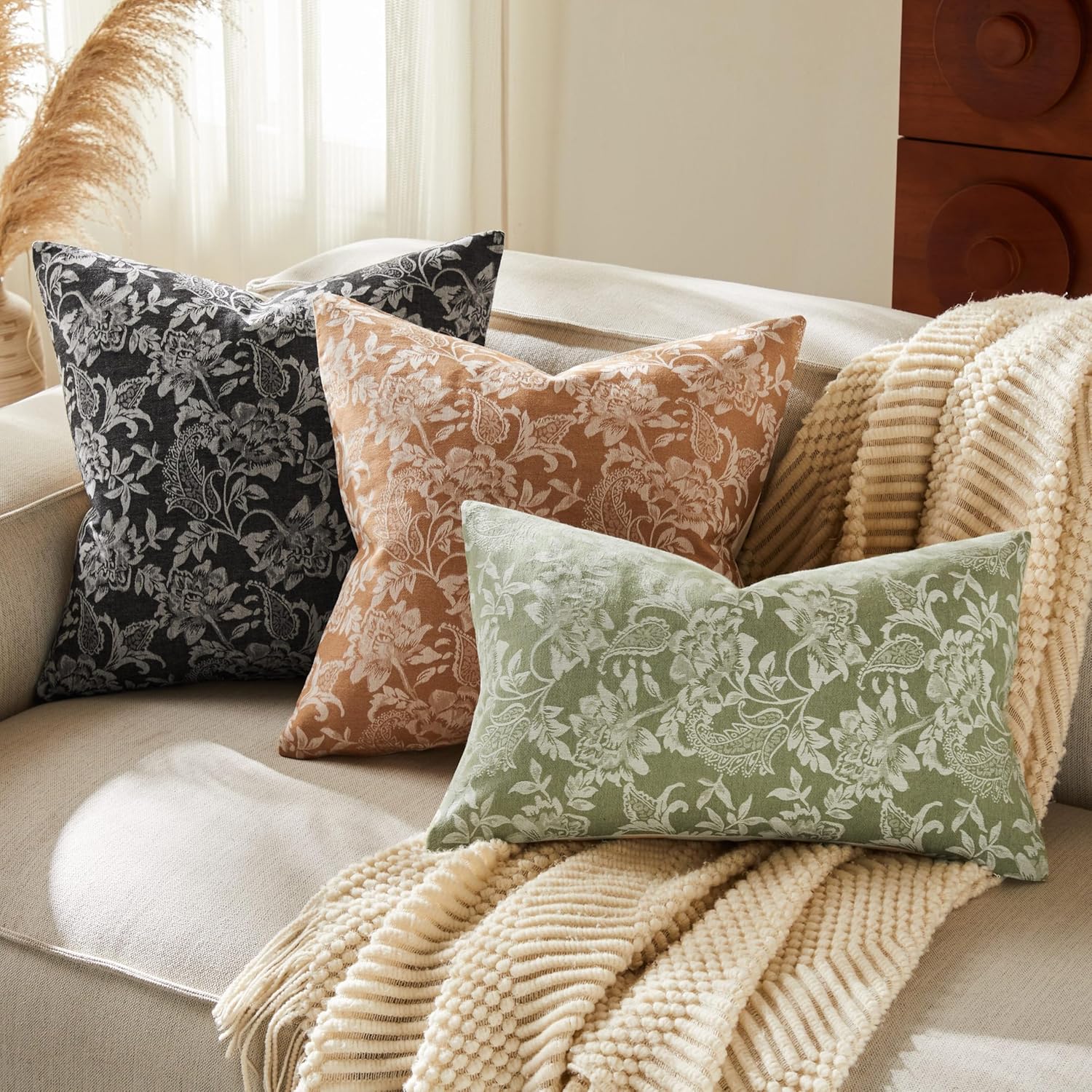 Floral Jacquard Throw Pillow Covers Set of 2, Background/Caramal 20x20 Inch, Farmhouse Decorative Cotton Caramal Cushion Covers for Sofa Bed Living Room Home Decor