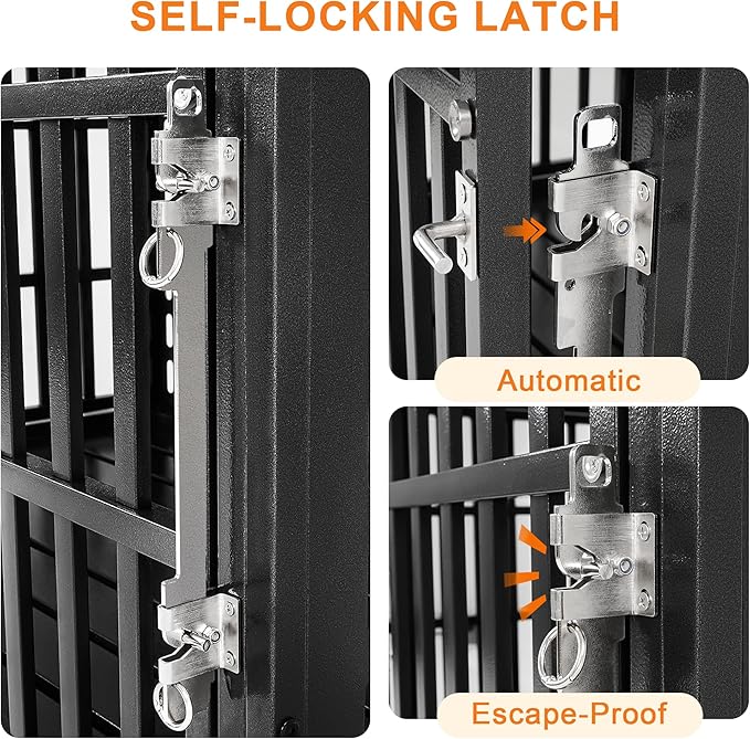 38 Inch Heavy Duty Dog Crate with Self-Locking Latch for High Anxiety Dogs, Indestructible Large Kennel Indoor with Pointed Roof, Removable Trays and Lockable Wheels, Chew Proof Cage
