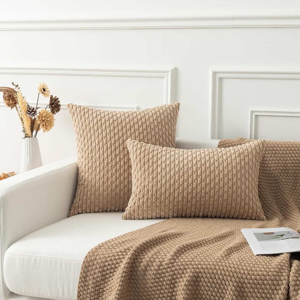 Kevin Textile 14x24 Inch Pillow Cover 1 Pack Boho Decorative Soft Striped Corduroy Lumbar Farmhouse Solid Color Accent Rectangle Cushion Case for Living Room Couch Sofa Bed, Tan