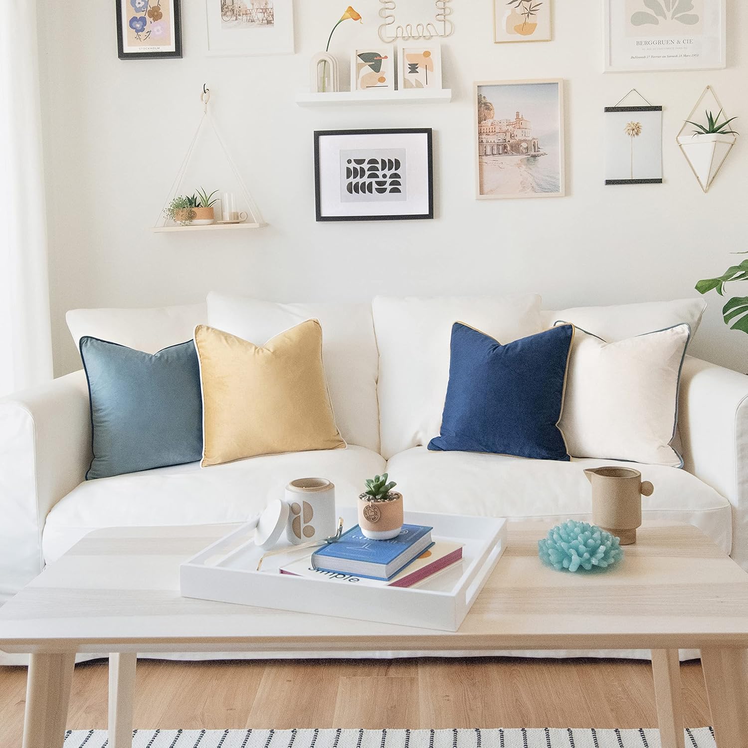 MONDAY MOOSE Decorative Throw Pillow Covers Cushion Cases, Set of 4 Soft Velvet Modern Double-Sided Designs, Mix and Match for Home Decor, Pillow Inserts Not Included (20x20 inch, Blue/Beige)