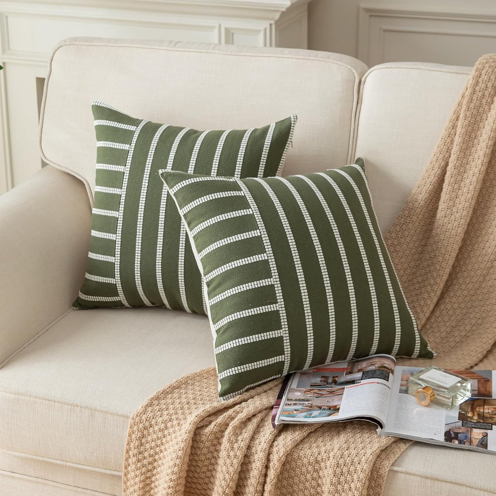 Caflife Boho Throw Pillow Covers 18x18 Set of 2 Soft Farmhouse Decorative Couch Pillow Cases Green Striped Pillow Covers Neutral Cushion Covers for Sofa Bed Living Room Home Decor
