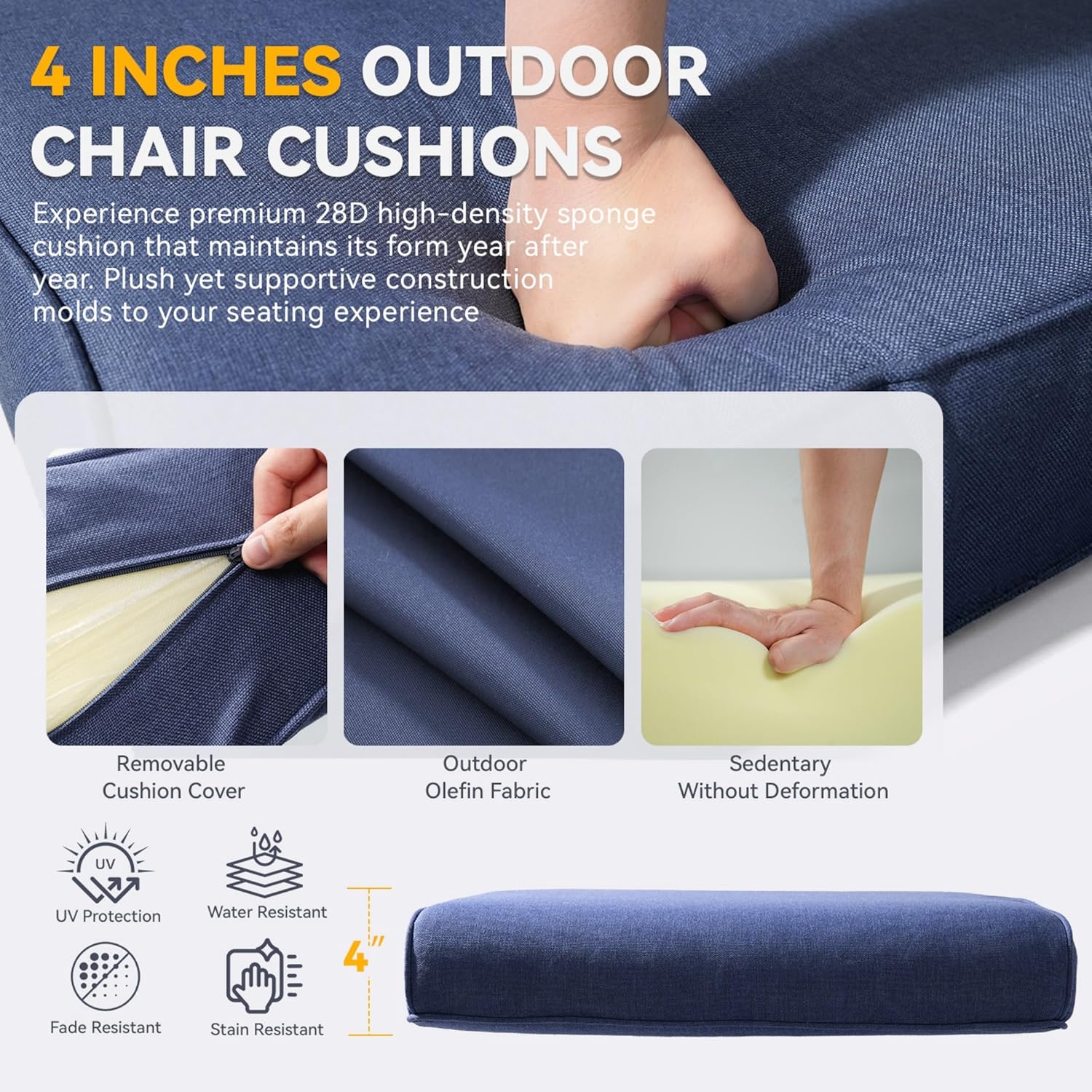 Patio Cushions for Outdoor Furniture - 22" x 25" x 4" UV Resistant Thick Foam Cushions Water Resistant Replacement Cushion for Outdoor Patio Furniture Chair/Sofa/Couch | Blue | 3-Pack |