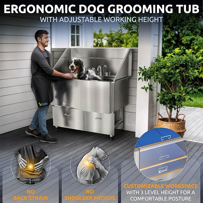 KANIS Professional Dog Washing Station - 304 Stainless Steel Pet Wash Sink & Grooming Bath Tub for Home with Ramp, Shower, Floor Grate, Storage Drawers, and Faucet for Large, Medium & Small Pets