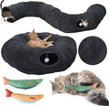 R1M Cat Tunnel Bed for Indoor Cats, Cute Cat Donut Tunnel Toys for Small, Larger Cats with Two Fish Cat Toys, Round Pet Peekaboo Cave Toy for Kitten, Dark Grey