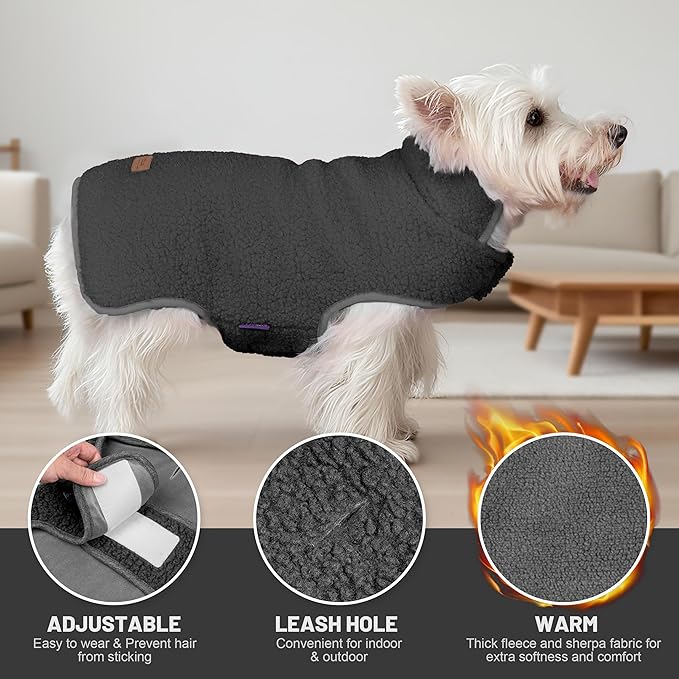 cyeollo Small Dog Coat, Sherpa Dog Winter Coat Reversible Warm Fleece Dogs Jackets Sweater Vest for Small Dogs Male with Leash Hole, Soft Cold Weather Pet Clothes, Dark Grey L