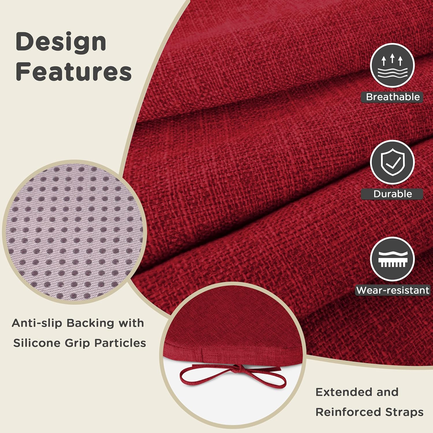 AddGrace Chair Cushions for Dining Chairs Set of 6 Windsor Kitchen Chair Cushions with Removable Textured Cover and Non Slip Bottom Indoor Chair Pads with Ties and Foam (16.5x15.5 Inches Red)
