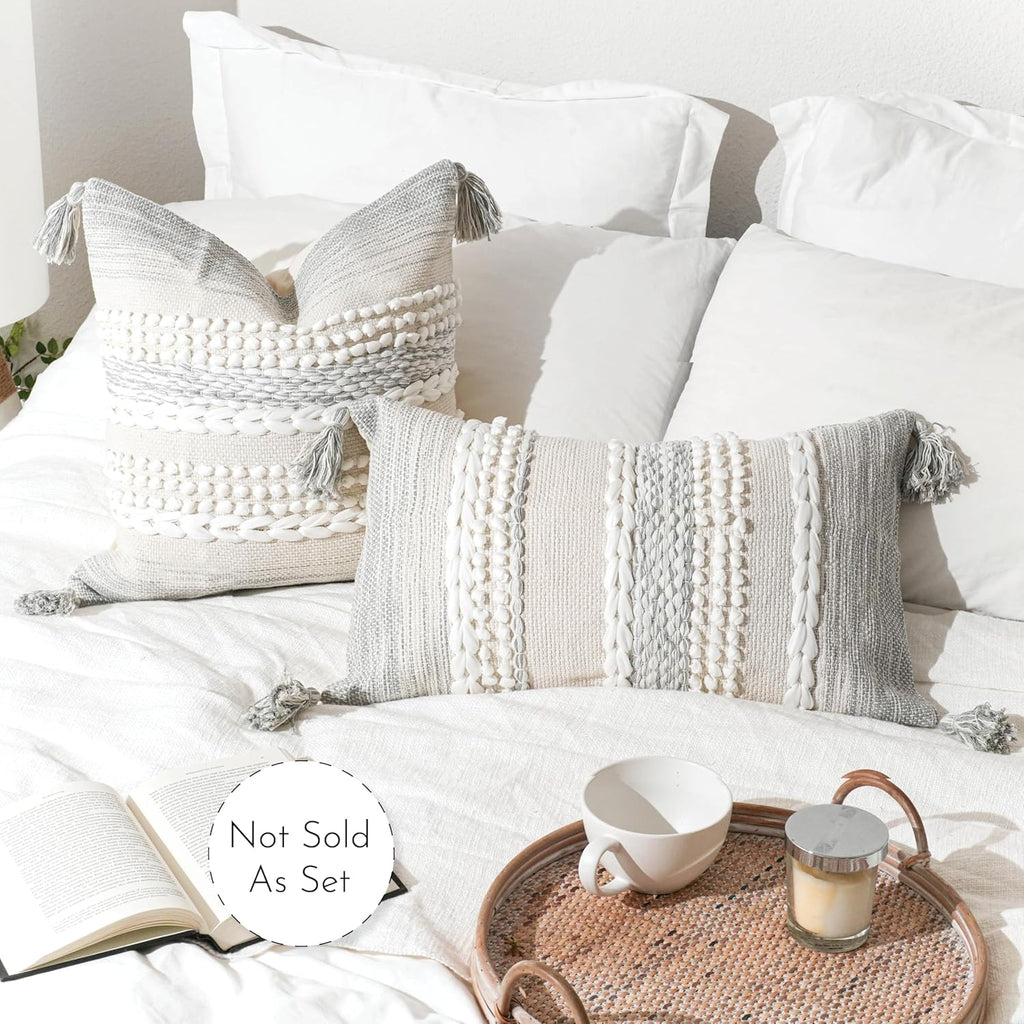 BlissBlush Gray Decorative Lumbar Pillow Cover 14x24, Boho Accent Throw Pillow Case for Couch Sofa Bed, Modern Farmhouse Textured Lumbar Cushion Bedroom Living Room, Cover ONLY