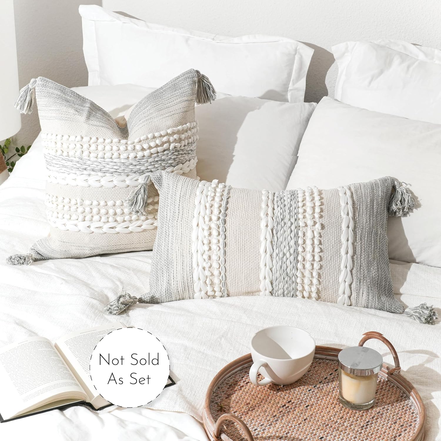 BlissBlush Gray Decorative Lumbar Pillow Cover 14x24, Boho Accent Throw Pillow Case for Couch Sofa Bed, Modern Farmhouse Textured Lumbar Cushion Bedroom Living Room, Cover ONLY