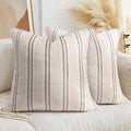 AELS 24x24 Decorative Farmhouse Linen Throw Pillow Covers, Boho Textured Pillow Case, Set of 2, Beige with White & Black Stitch Yarn Dyed Stripe Cushion Cover for Sofa Couch Living Room (Cover ONLY)